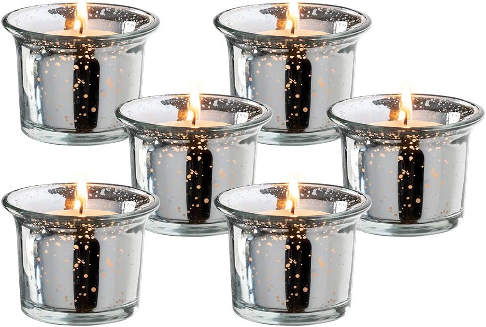 Silver Oyster Mercury Glass Votive Candle Holder, Table Centerpiece Tealight Decoration for Elegant Dinner, Party, Wedding, Holiday, Set of 6 (Unfilled)