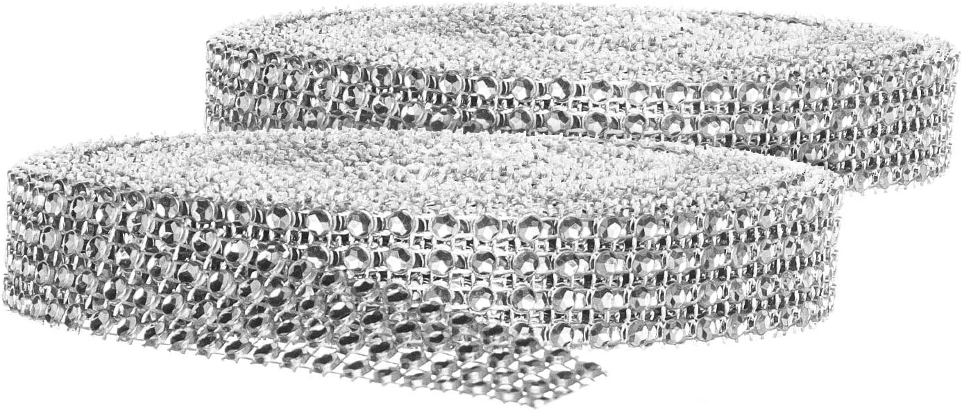 Rhinestone Diamond Bling Wrap Ribbon for Wedding Cake, Party, Holiday & Home Decoration, Silver 4-Rows, (2 Rolls) 10 YDS EA.