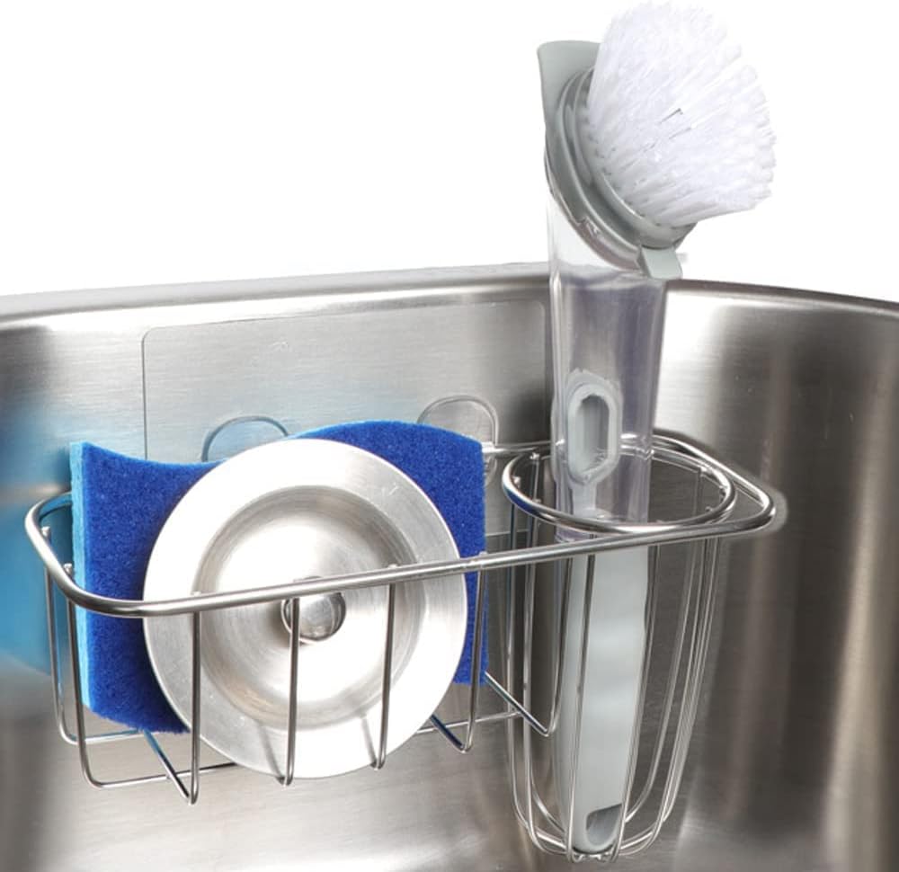 3-in-1 Sponge Holder for Kitchen Sink with Dish Brush Holder, Stainless Steel Caddy for Soap, Scrubber, No Drill and Rustproof, Silver