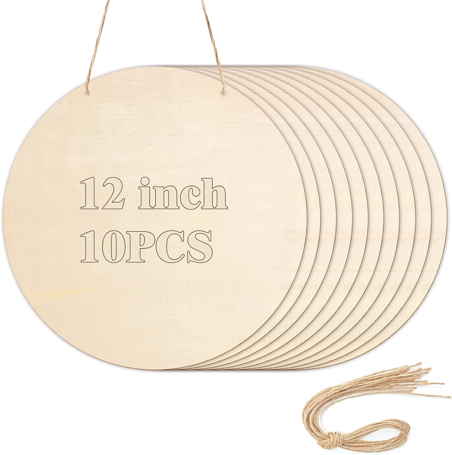 10Pcs Thickened Wood Circles for Crafts with Holes,12" Unfinished Wood Rounds Discs with Twine,Wooden Round Circles for Door Hanger,Blank Wooden Signs for Painting,Wood Burning