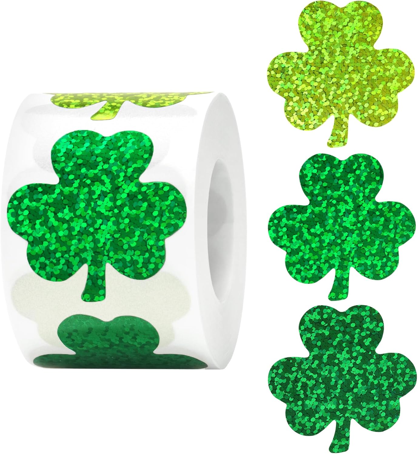 St.Patrick's Day Shamrock Stickers - 500Pcs 1.5'' Laser Shamrock Shape Stickers Roll Self Adhesive Holographic Green Irish Lucky Clover Sticker for Envelope Seal Card St.Patrick's Day (3 Color)