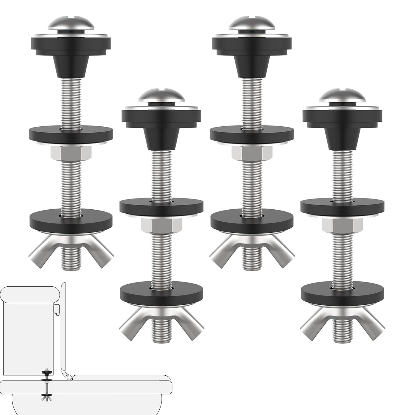 4 Pcs Universal Toilet Tank to Bowl Bolts Kit, Heavy Duty Stainless Steel Toilet Tank Bolts with Stainless and Rubber Washers Gasket for Toilet Mounting and Repair