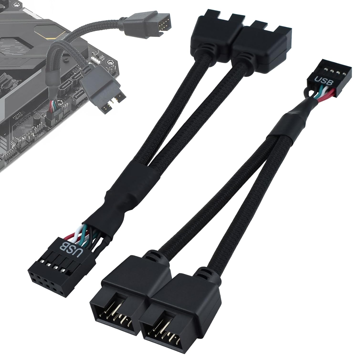 2Pcs Motherboard 9 Pin USB 2.0 to Dual 9 Pin Extension Splitter, USB 2.0 Header Splitter Nylon Braided Cable for PC Computer Internal Motherboard USB Hub, Black