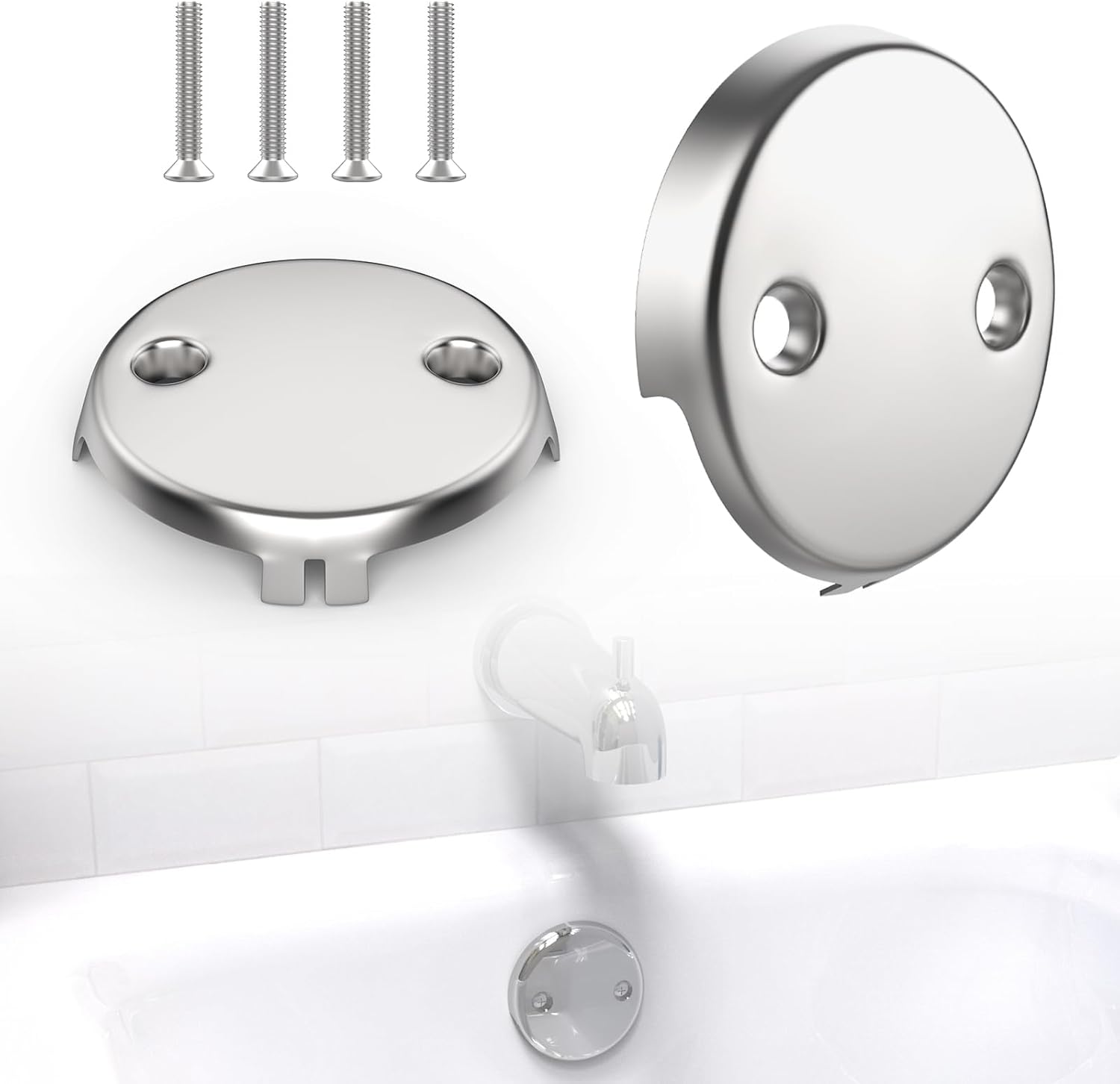 2Pcs 2-Hole Bathtub Overflow Face Plate | Universal Zinc Alloy Tub Overflow Drain Cover with Screws | Chrome Finish