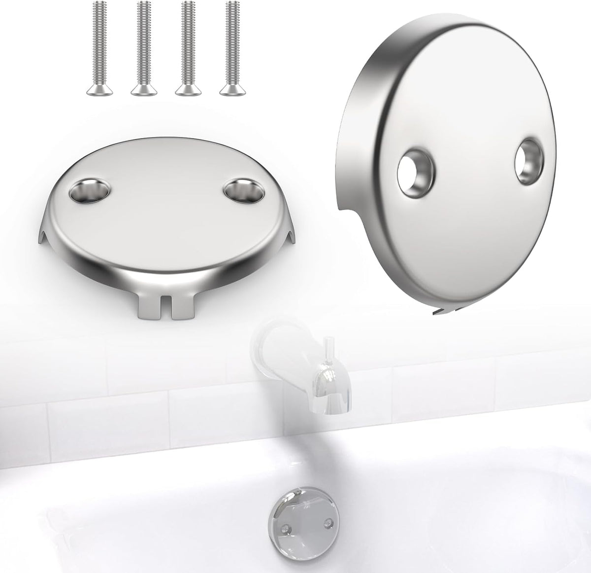 2Pcs 2-Hole Bathtub Overflow Face Plate | Universal Zinc Alloy Tub Overflow Drain Cover with Screws | Chrome Finish