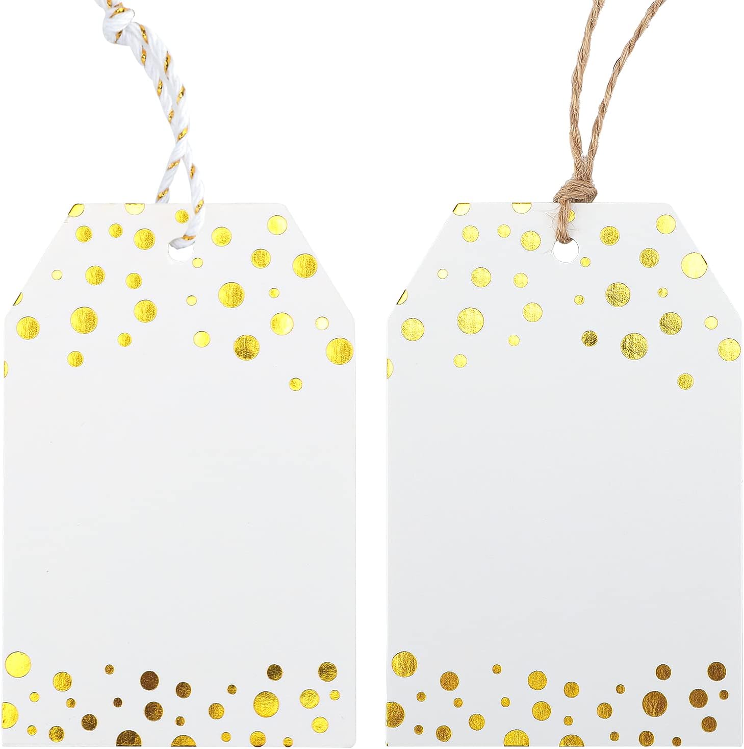 Gift Tags with String - 100Pcs Gold Foil Metallic Confetti Polka Dot Gift Bag Tags Personalized White Blank Hang Paper Label Tag for Birthday Party Bridal Shower Wedding Christmas Favor Present