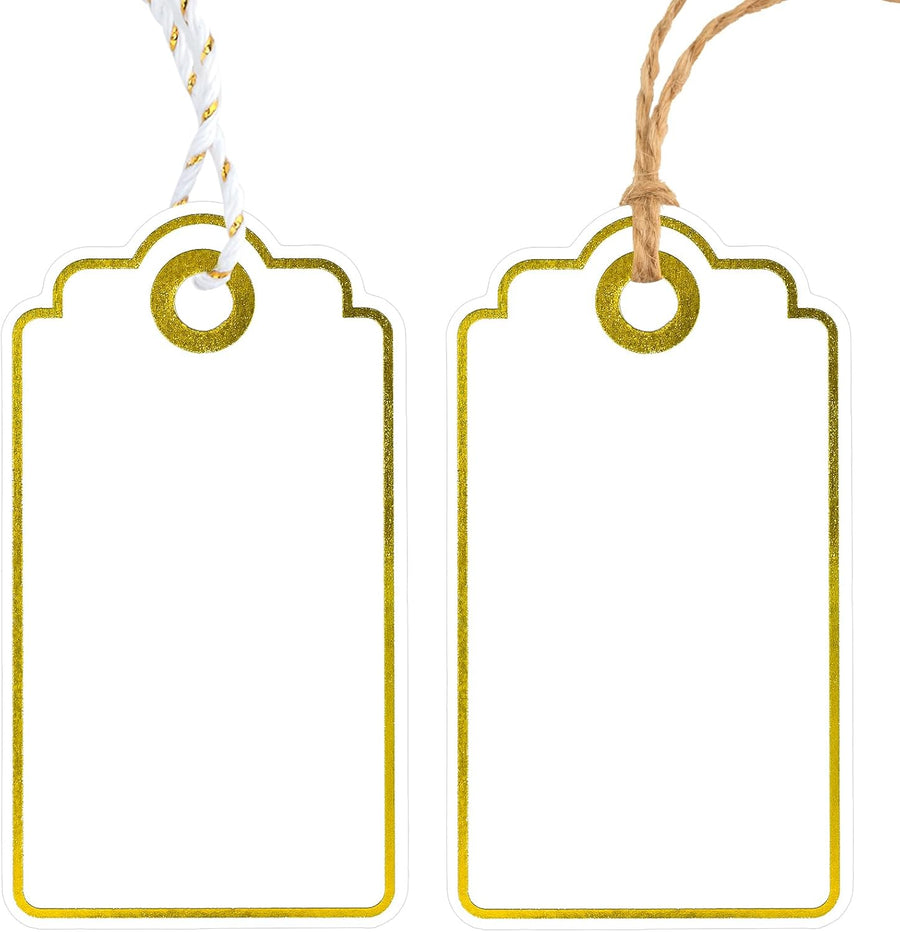 Gift Tags with String - 100Pcs Gold Foil Metallic Gift Bag Tags Personalized White Blank Hanging Paper Label Tag for Baby Shower Birthday Party Wedding Christmas Favor Present