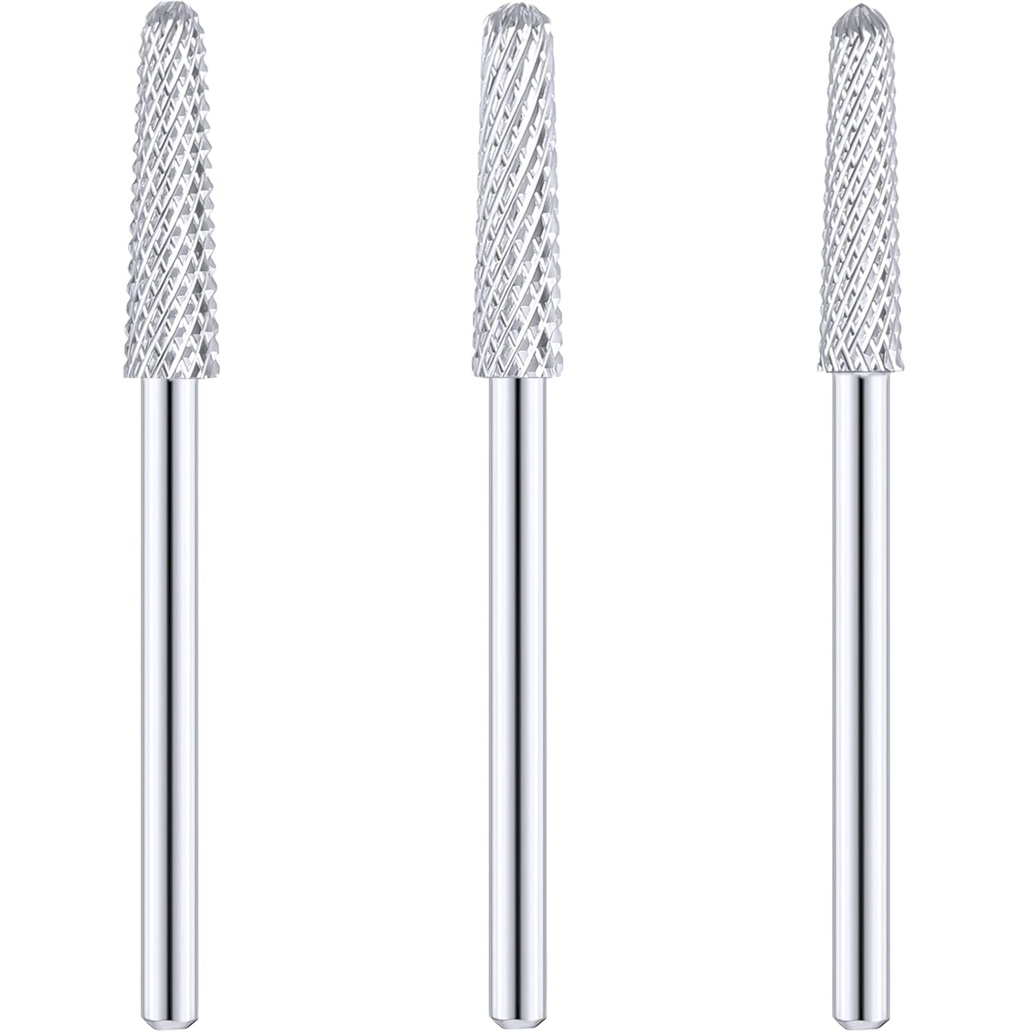3 Pieces Nail Drill Bits Cone Shape Carbide Nail Drill Bits for Manicure Pedicure Tools Machine, 3/32 Inch Shank Size, Grit Size XF, F, M (Silver)