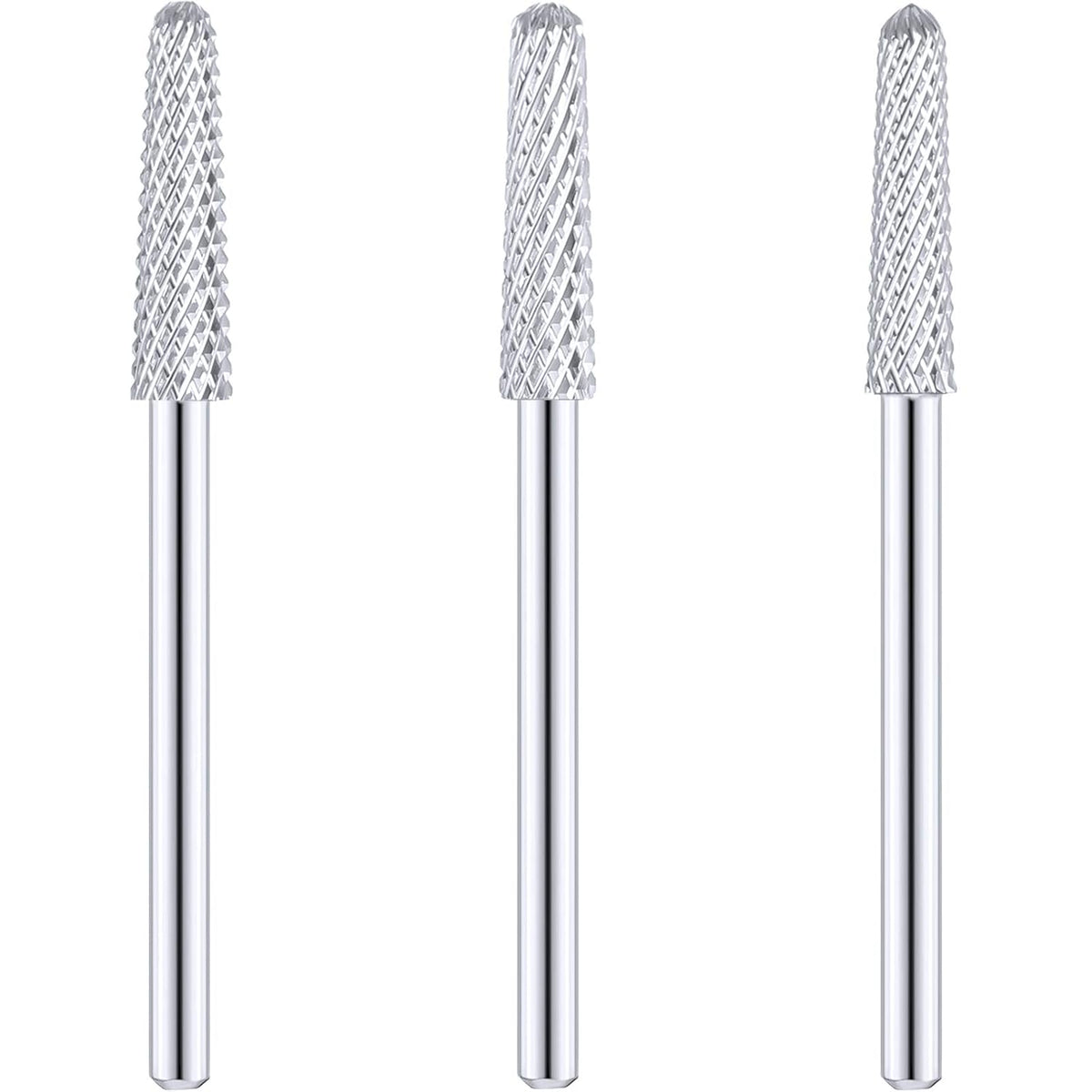 3 Pieces Nail Drill Bits Cone Shape Carbide Nail Drill Bits for Manicure Pedicure Tools Machine, 3/32 Inch Shank Size, Grit Size XF, F, M (Silver)