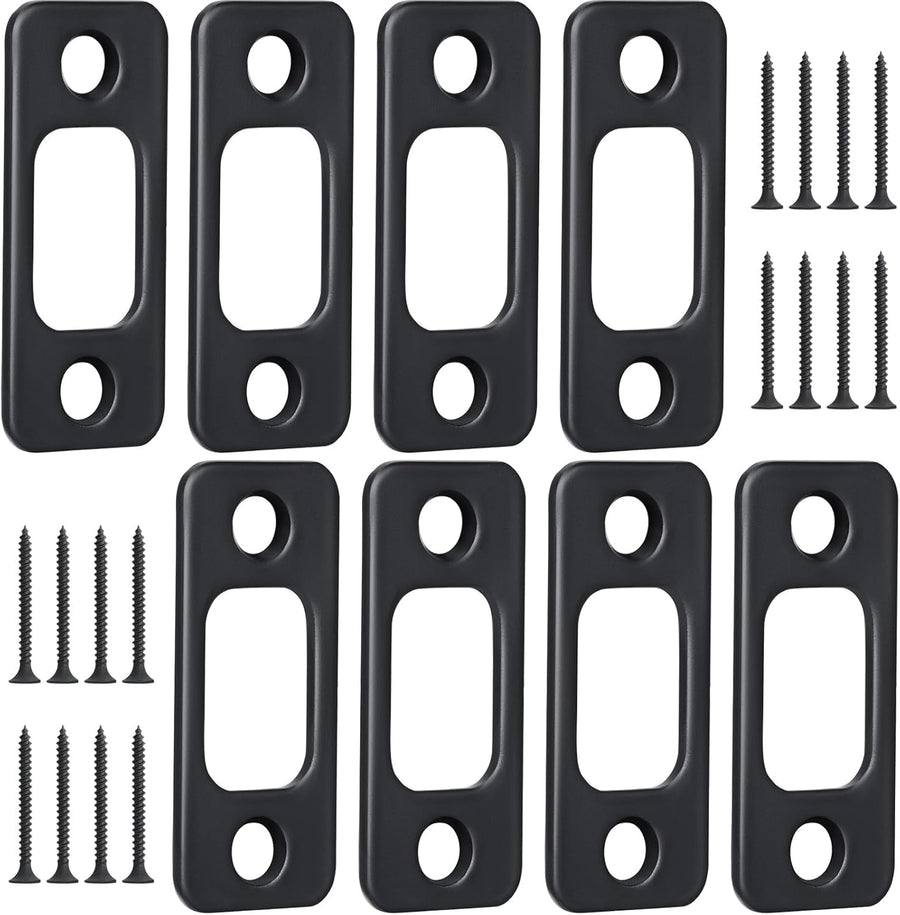 8 Pcs 1" x 2-1/4" Door Deadbolt Strike Plate Carbon Steel Round Corner Door Backplate Heavy Duty Strike Plate with 16 Pcs Screws for Home Office Residential Use, Matte Black