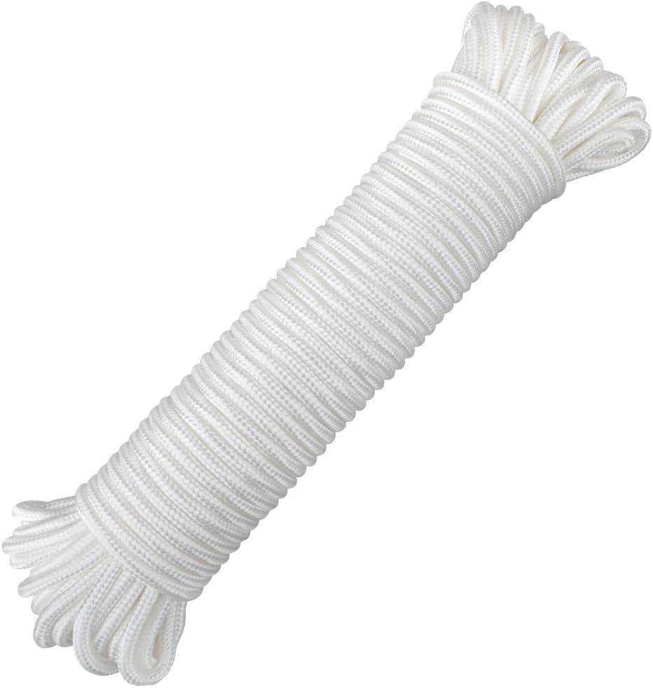 Nylon Rope - 100 Ft White Nylon String, 1/4 Inch Solid Braided Rope, Thick Washing Line for Multi-Purpose Tie Down, Clothesline, Gardening, Craft Projects