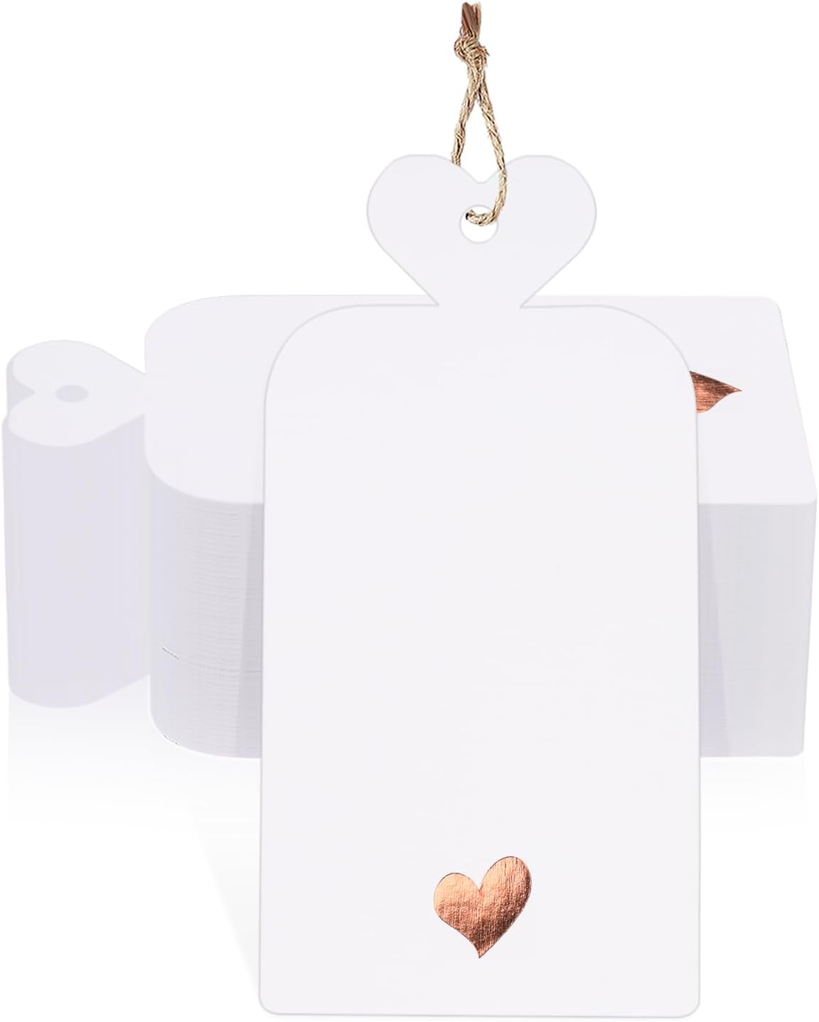 100Pcs Gift Tags with String, Blank Gift Tags with Foil Rose Gold Heart, 4x2Inch White Paper Tag, Hanging Name Labels for Birthday, Wedding, Baby Shower