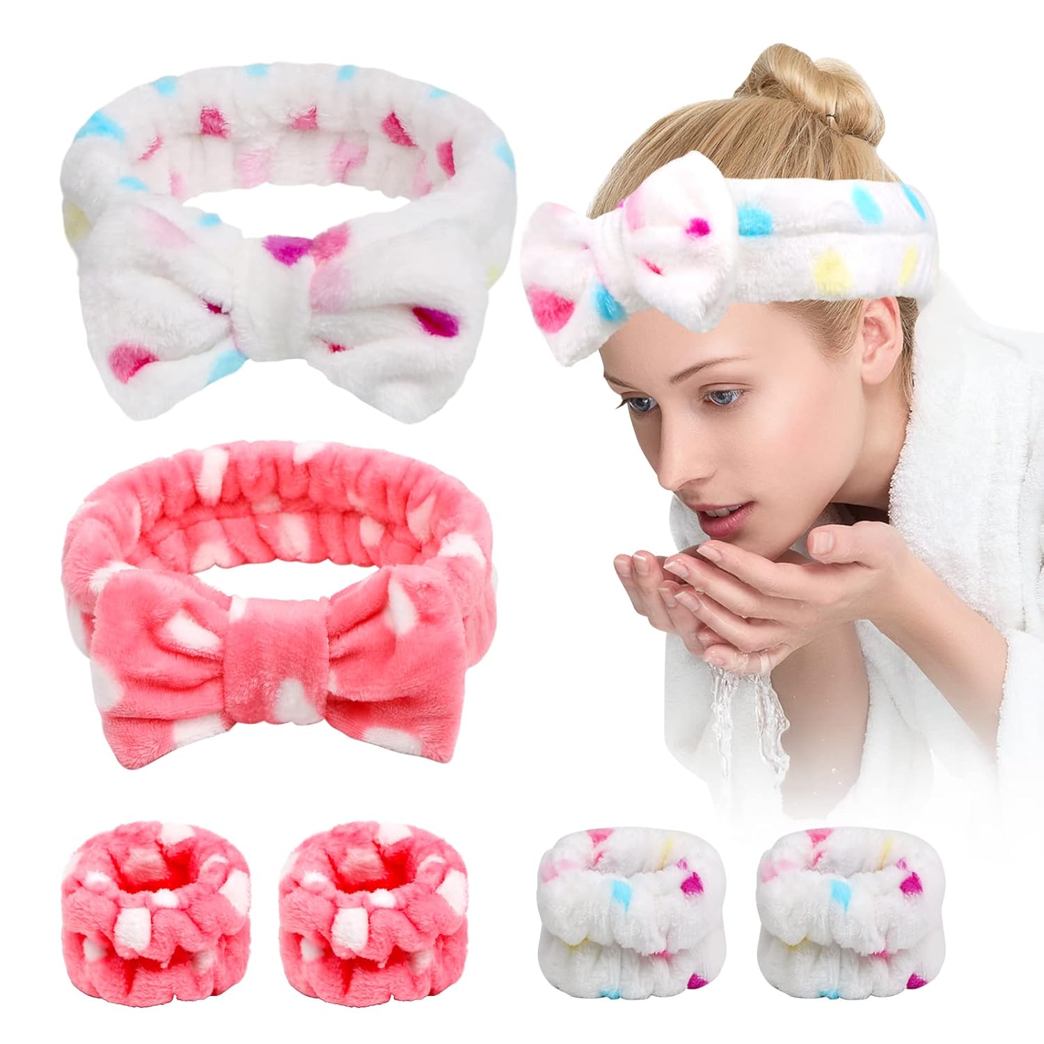 6 Pcs Face Wash Headband Wristband Set,Spa Headband Makeup Skincare Headbands Wrist Bands Scrunchies Bracelets for Washing Face (Pink white,Love)
