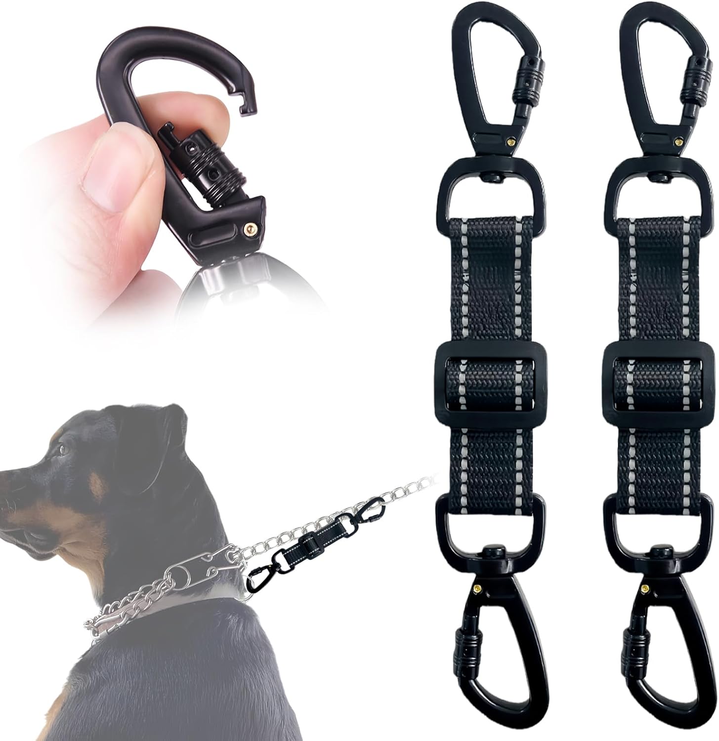 2 Pack Dog Safety Collar Clips Adjustable Collar Backup Clip Connector Reflective Double Ended Clasp Leash Pet Harness Connector for Running and Hiking Training Helps Reduce Neck Strain