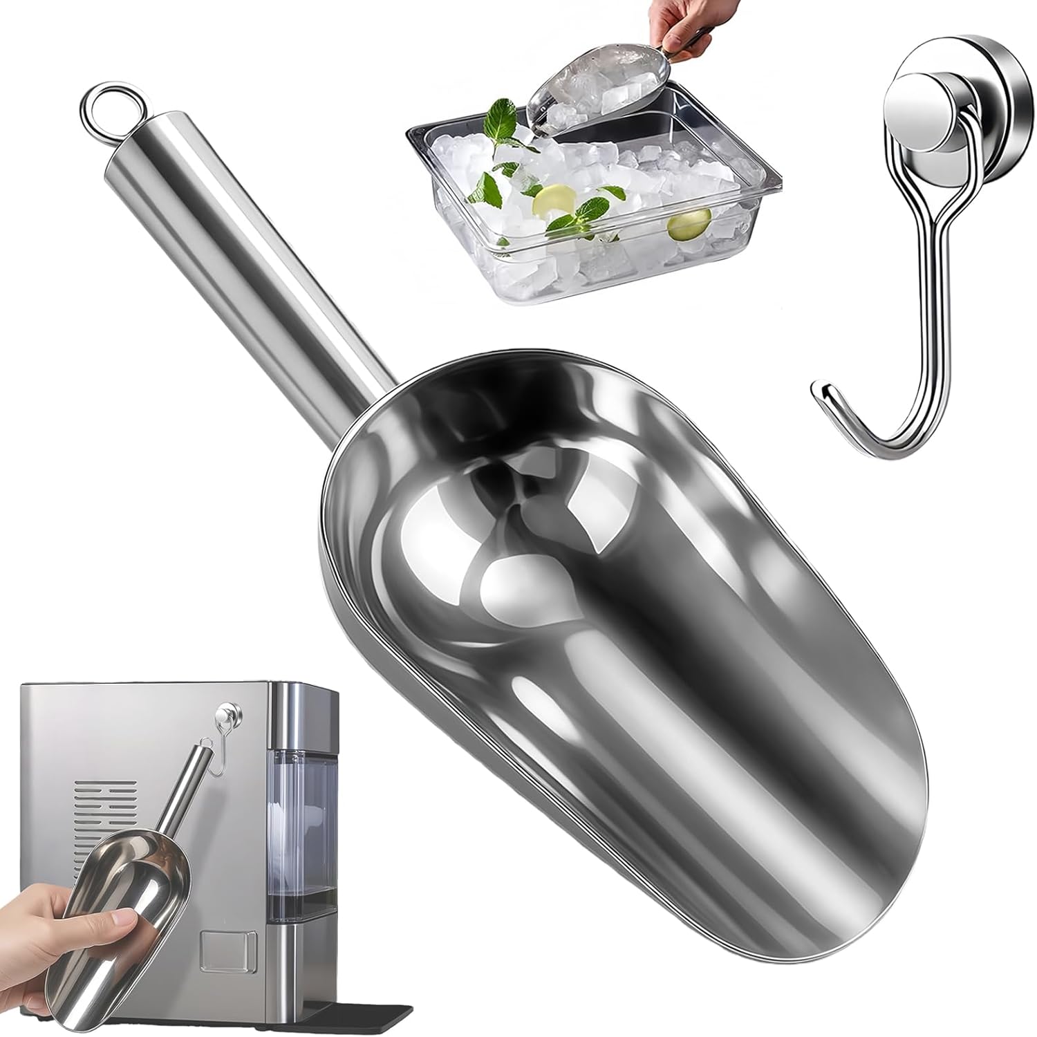 Ice Scoop for Freezer with Metal Hook Stainless Steel Ice Scooper for Ice Maker Metal Scooper for Kitchen Gadgets Cookie Flour Pet Dog Food Scoop Kitchen Bar Party Accessories (Silver-8oz)