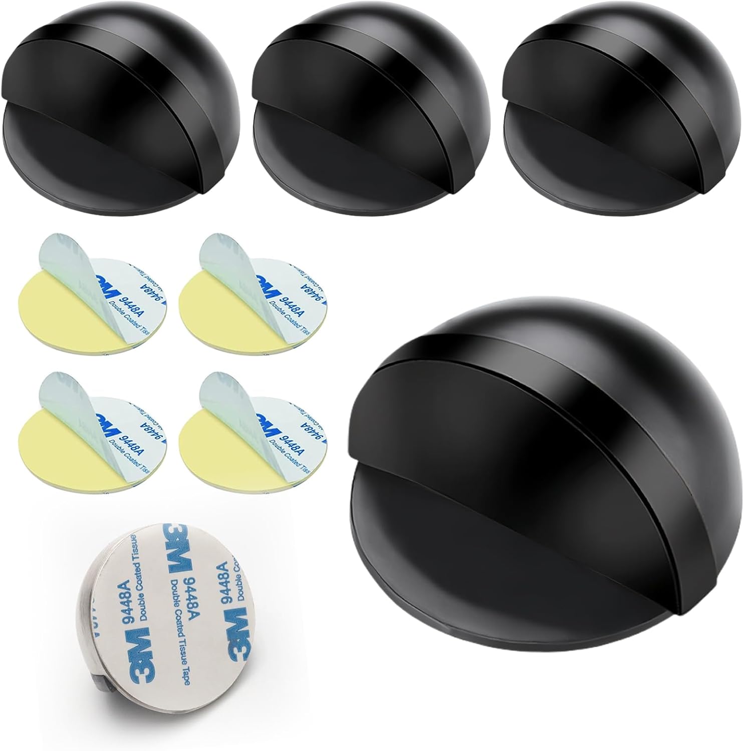 Drill-Free Floor Mounted Door Stoppers 3M Adhesive Self Adhesive Door Stoppers with Black Rubber Bumper Tips Floor Mount Half Dome Door Stopper for Office Bedroom Living Room Shower Room (Black-4Pcs)
