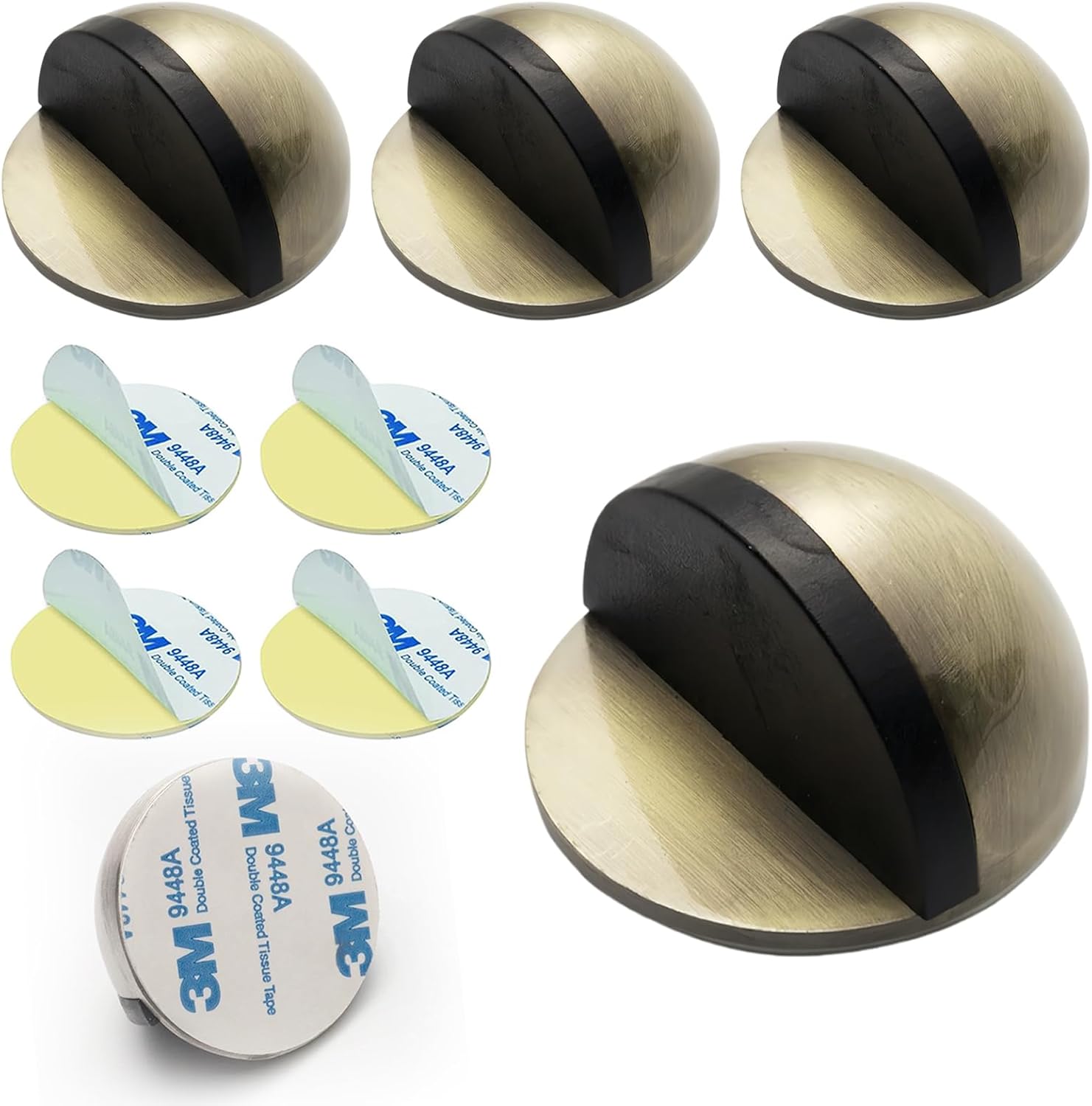 Drill-Free Floor Mounted Door Stoppers 3M Adhesive Self Adhesive Door Stoppers with Black Rubber Bumper Tips Floor Mount Half Dome Door Stopper for Office Bedroom Living Room Shower Room (Bronze-4Pcs)