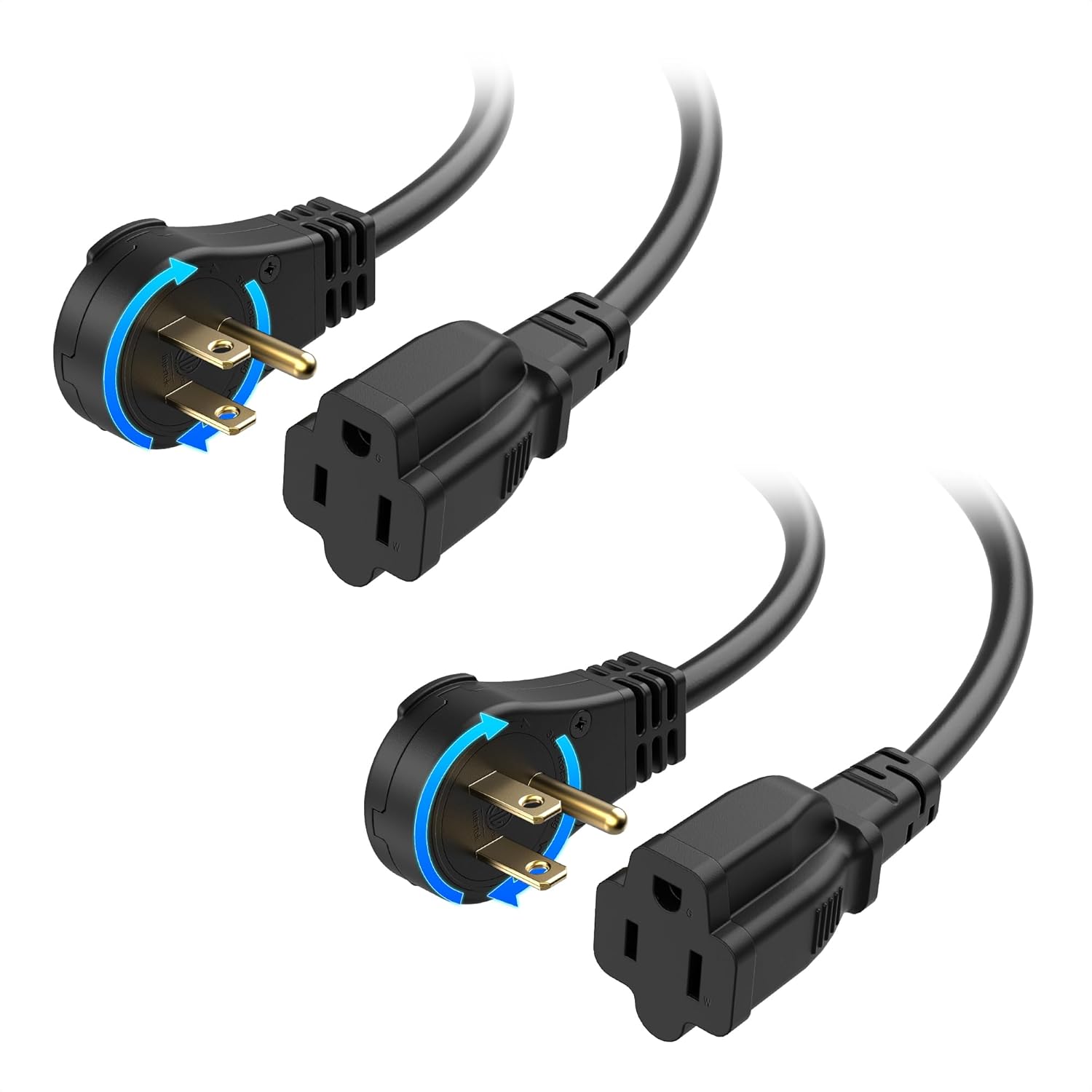 [ETL Listed]  2-Pack 16 AWG 360° Rotating Flat Plug Short Extension Cord - 1ft, 13A/1625W, Low Profile 3 Prong Power Extension Cords, NEMA 5-15P to NEMA 5-15R, Black