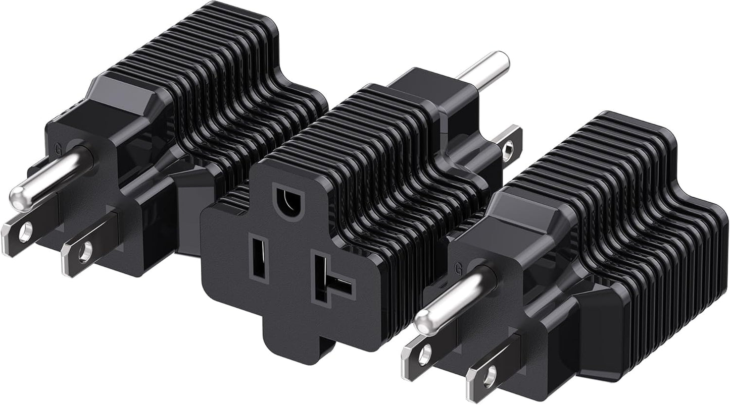 3-Pack 15 Amp to 20 Amp Adapter Plug, 20A to 15A Plug Adapter (NEMA 5-15 to 5-20R) in Black