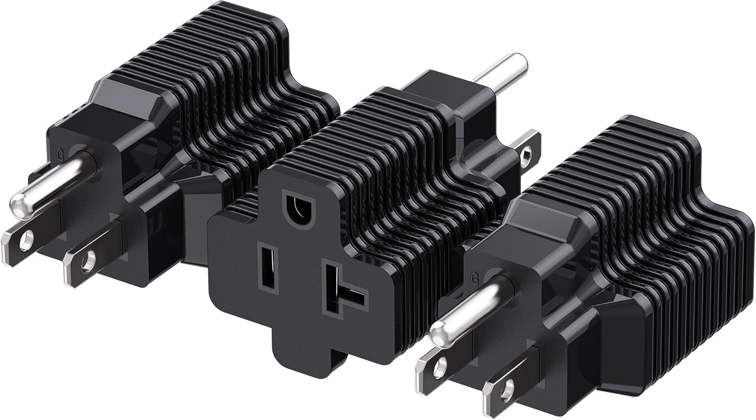 3-Pack 15 Amp to 20 Amp Adapter Plug, 20A to 15A Plug Adapter (NEMA 5-15 to 5-20R) in Black
