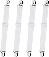 Bed Sheet Straps,  Adjustable Elastic Fitted Sheet Corner Holders Straps to Stay in Place, Non-Slip Fasteners Clips Compatible for Crib to King Size Bed, White 4Pcs