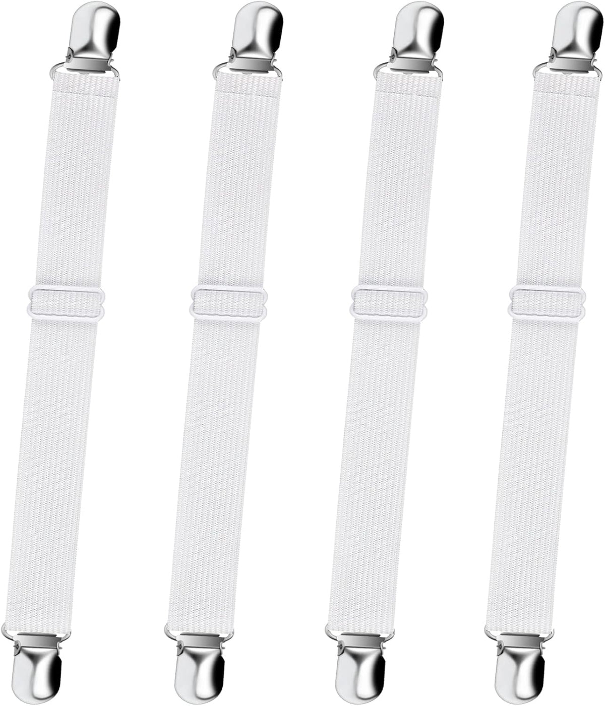 Bed Sheet Straps,  Adjustable Elastic Fitted Sheet Corner Holders Straps to Stay in Place, Non-Slip Fasteners Clips Compatible for Crib to King Size Bed, White 4Pcs