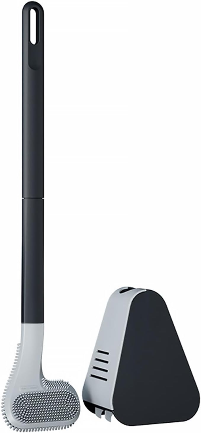 Toilet Brush and Holder Set Silicone, Flexible Toilet Brush for Deep Cleaning of Dead Corners, Snap-on Detachable Long Toilet Brush, Wall-Mounted Toilet Bowl Brush Set (Black)