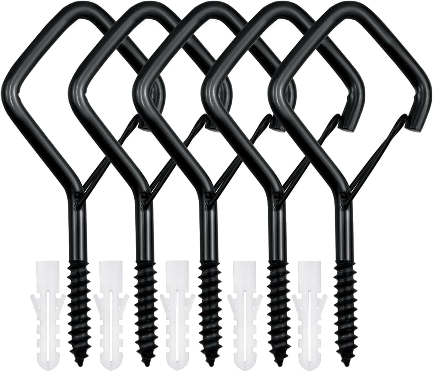 5 PCS Black Eye Screw Hooks, 4 Inch Ceiling Hooks for Hanging Heavy Duty Items with Safety Buckle – Metal Eye Bolt Hooks for Hanging Plants, Wind Chimes, Bird Feeders, String Lights, and More