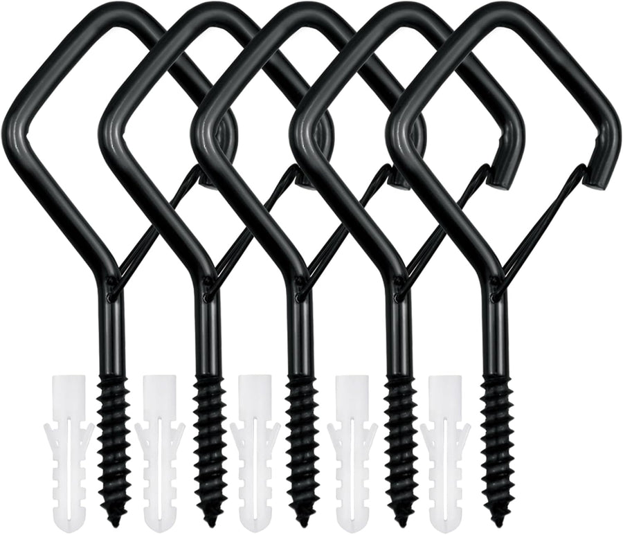 5 PCS Black Eye Screw Hooks, 4 Inch Ceiling Hooks for Hanging Heavy Duty Items with Safety Buckle – Metal Eye Bolt Hooks for Hanging Plants, Wind Chimes, Bird Feeders, String Lights, and More