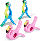 Beach Towel Clips,  Jumbo Size Towel Clips for Beach Chairs Cruise Pool Patio or Daily Use-Secure Hang Seal, Set of 4 (Flamingo Parrot)