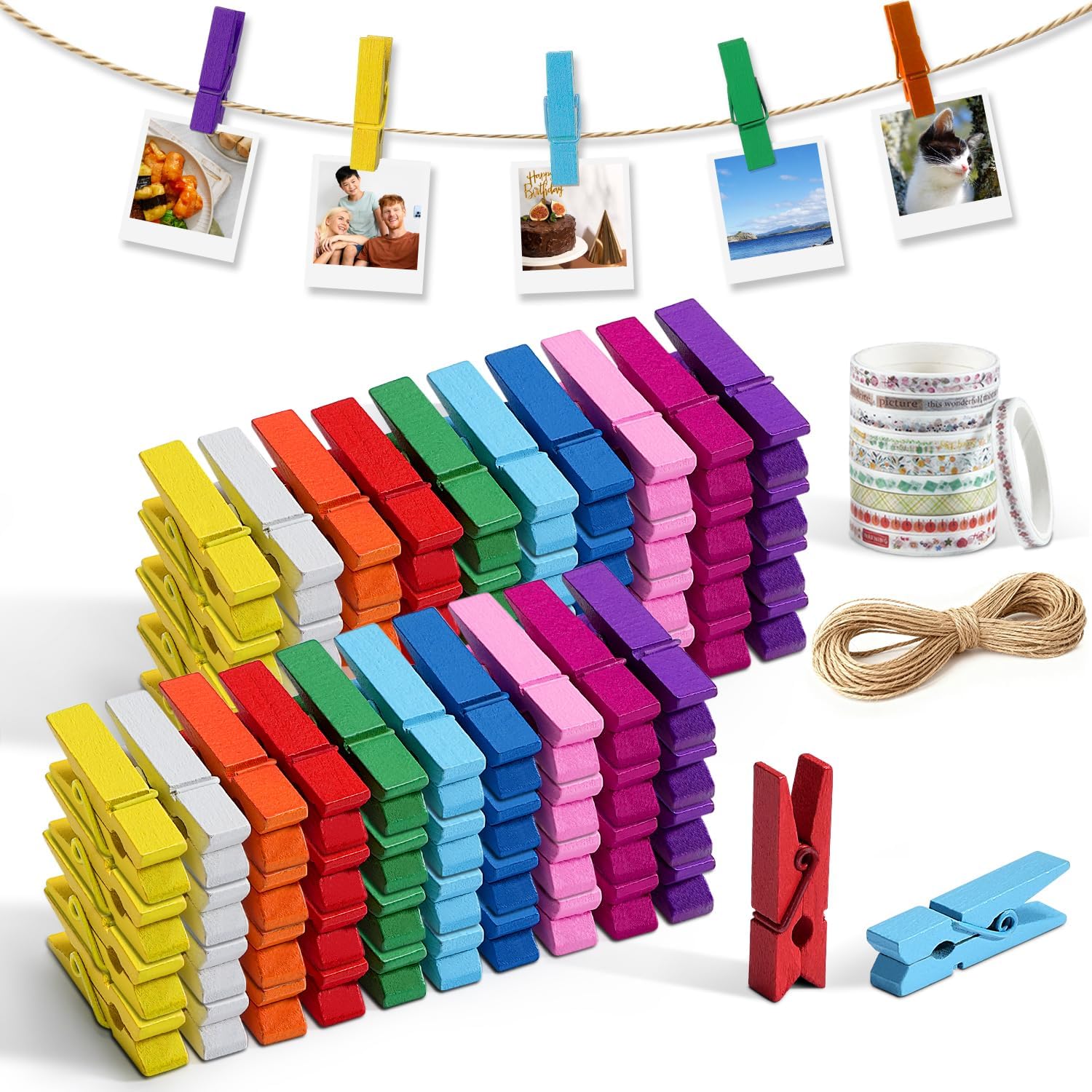 Mini Clothespins,  100 Pcs 1.4'' Strong Mini Clothespins for Photos with 10 Pcs Washi Tapes and 43 Ft Jute Twine, Colorful Wooden Small Clothes Pins for Picture, Crafts, Baby Shower