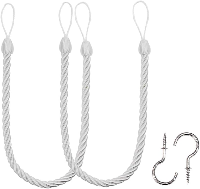 Curtain Ropes Tiebacks Tie-Backs, Curtain Handmade Holdbacks with 2 Metal Screw Hooks - White 2 Pack