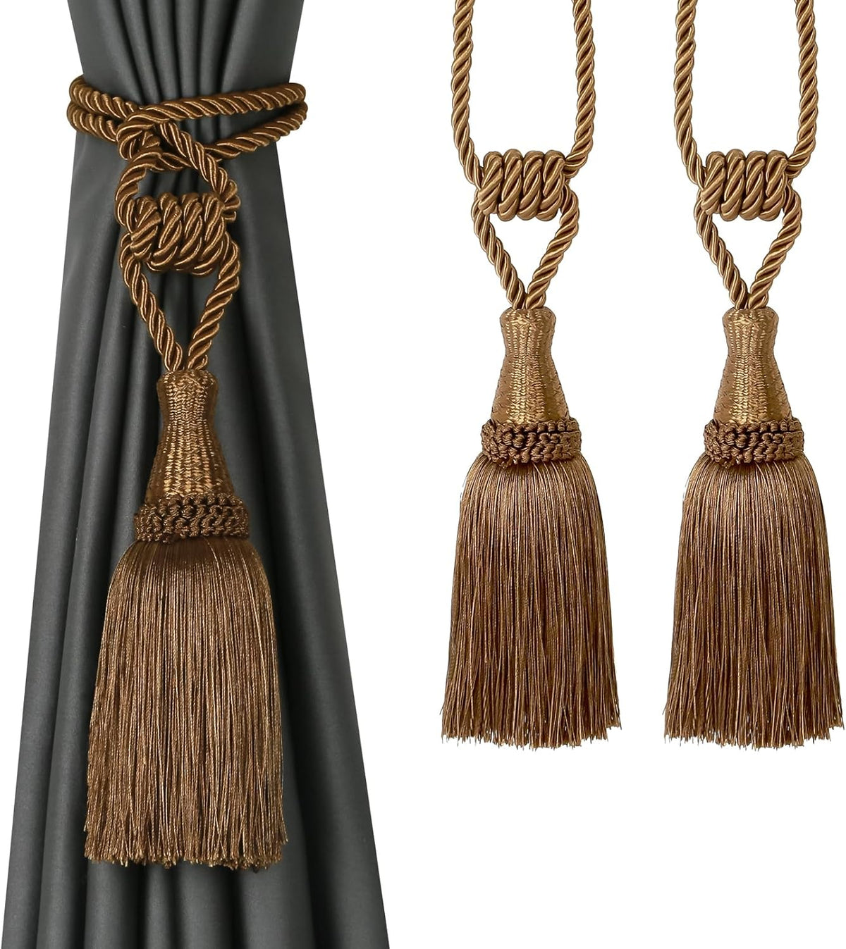 Curtain Tiebacks Handmade Holdbacks for Curtains Drape Decorative Tie Backs with Tassels(Coffee, 2 Pack)