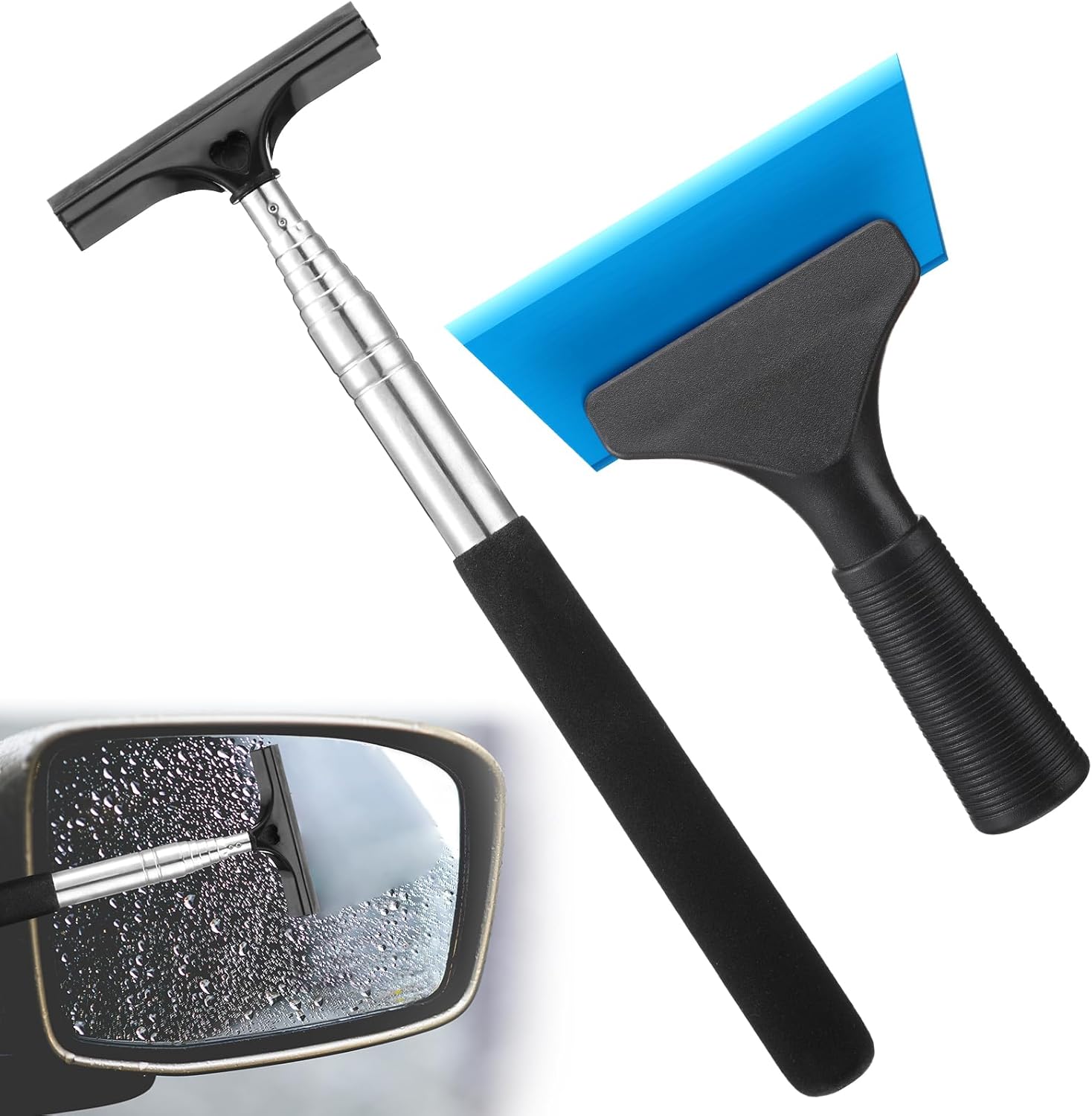 2 Pcs Side Mirror Squeegee Small 39 Inch Retractable Handle Car Squeegee with 5 Inch Car Window Mini Rearview Mirror Wiper for Glass Door Rainy Foggy Accessories