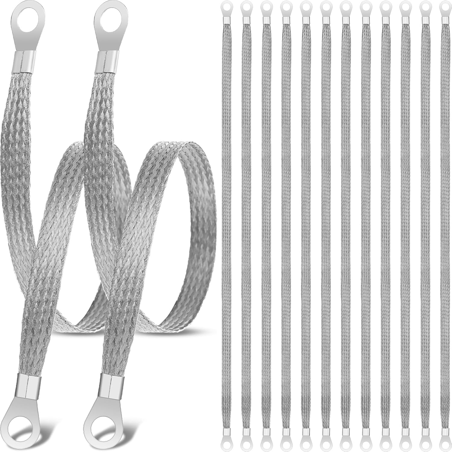 12 Pcs Ground Straps Automotive 20 Inch Universal Engine Ground Strap Kit with Ring Terminals Braided Tinned Copper Grounding Wire Automotive Cable Connectors for Most Cars Vehicle, Silver