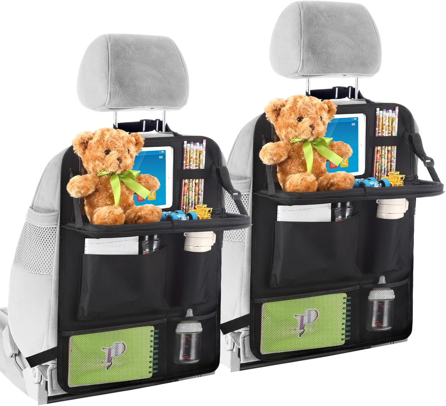 2 Pcs Backseat Car Organizers with Table Tray, 6 Storage Pockets Car Organizer with Tablet Holder, Kick Mats Protectors for Kids Travel Accessories Black, Unisex(Classic,Black)