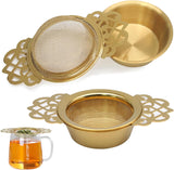 2 Pack Tea Strainers with Drip Bowls Stainless Steel Mesh Tea Infusers Loose Leaf Tea Filter with Handles Tea Steeper for Tea Juice Coffee Drinks, Gold