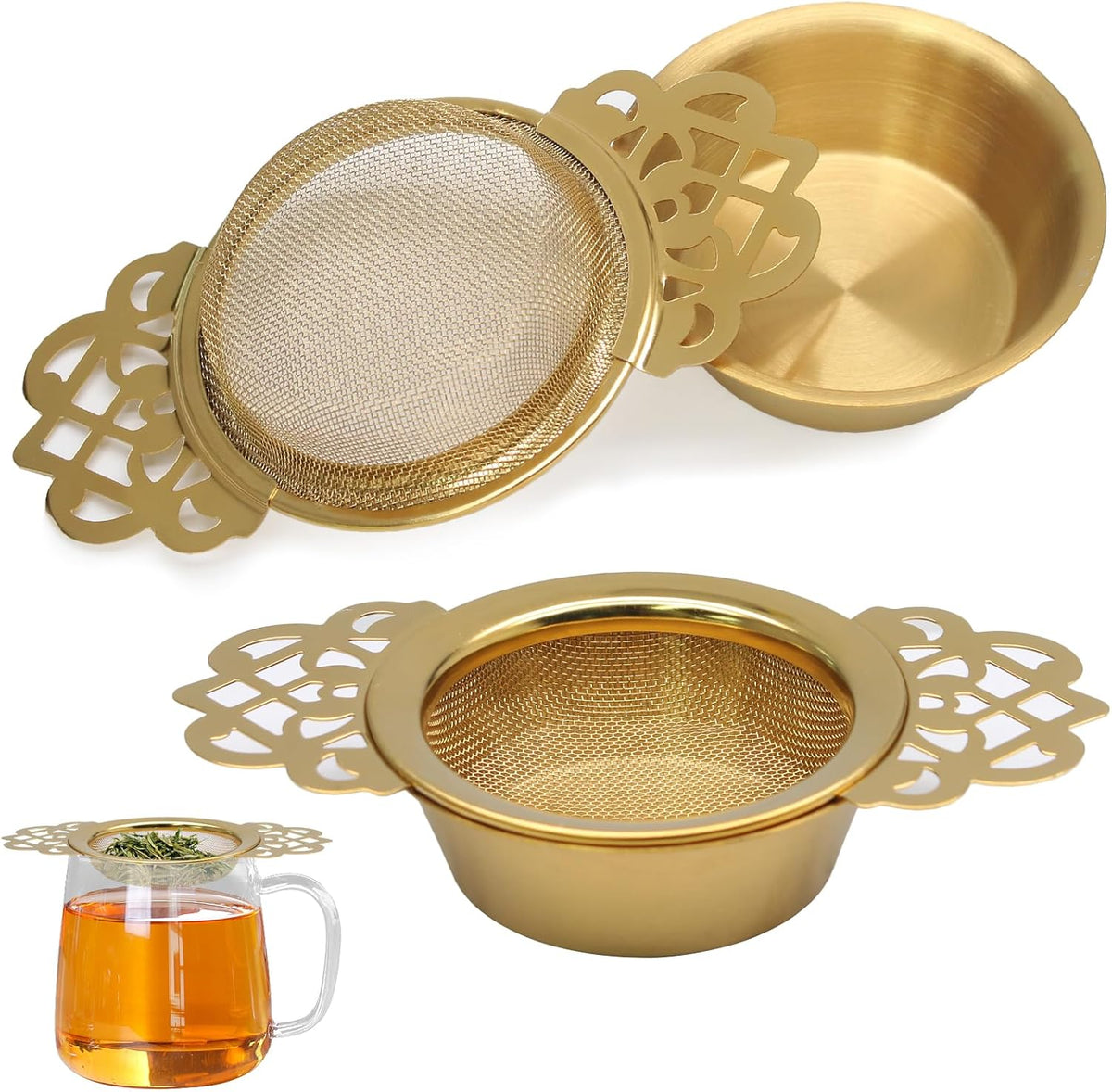 2 Pack Tea Strainers with Drip Bowls Stainless Steel Mesh Tea Infusers Loose Leaf Tea Filter with Handles Tea Steeper for Tea Juice Coffee Drinks, Gold
