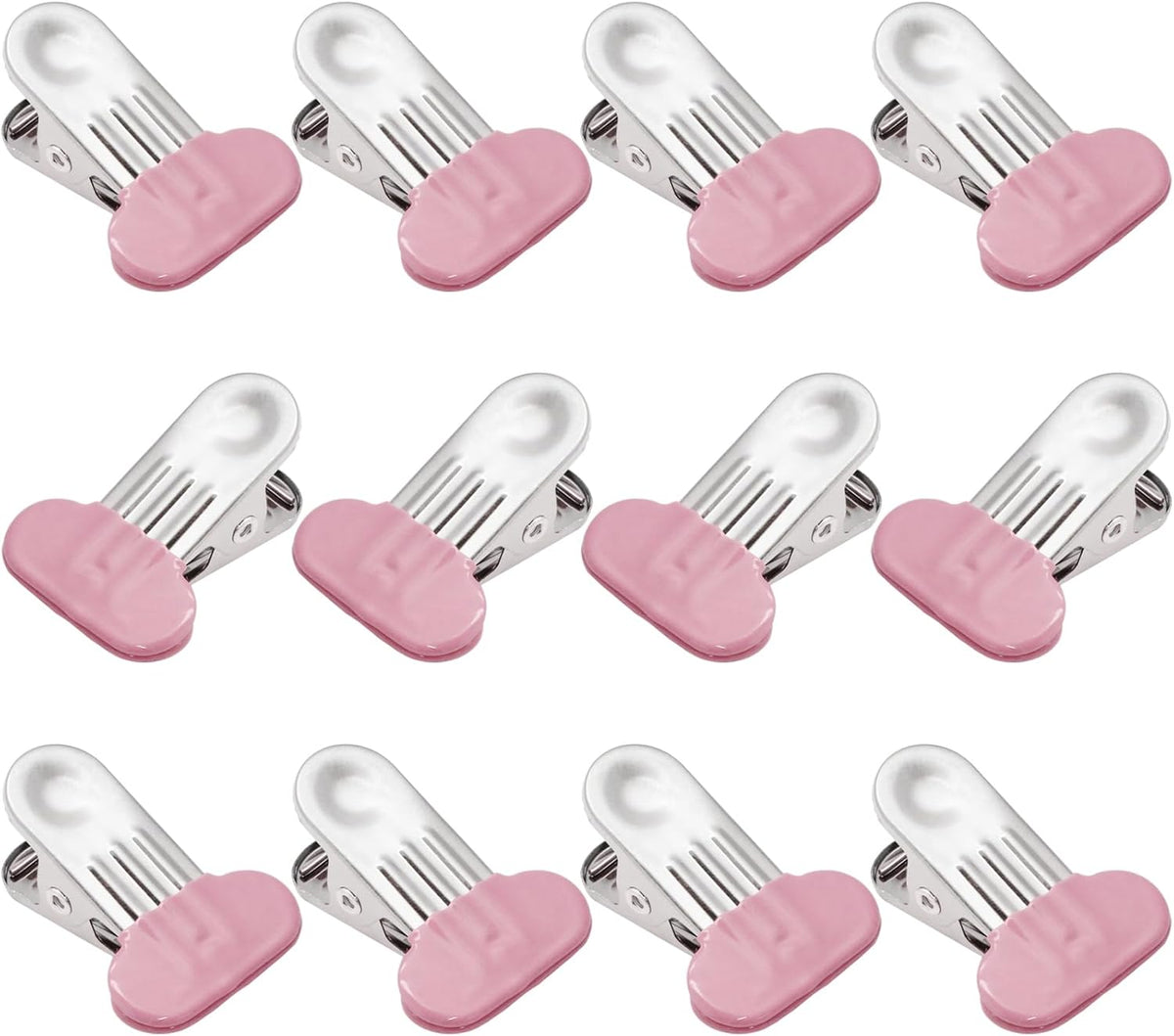12 Pack Chip Bag Clips with Silicone Edges, 1.5 Inches Wide Chip Clips Food Clips Bag Clips Stainless Steel Food Bag Clips - Air Tight Seal, Heavy Duty for Kitchen and Office, Pink