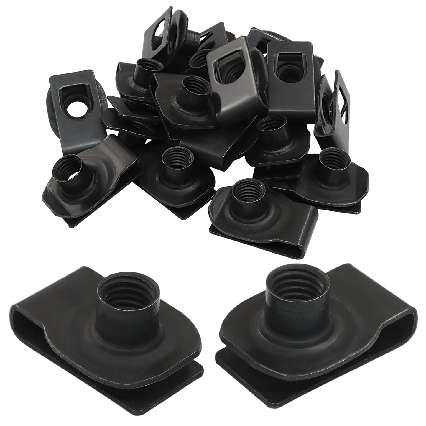 25 Pcs Extruded U Type Nuts, M10 Bumper Fender U Style Clip on Nut Black Fasteners, Spring Nuts for Automotive Metal Fender/Grill Retainer Clips
