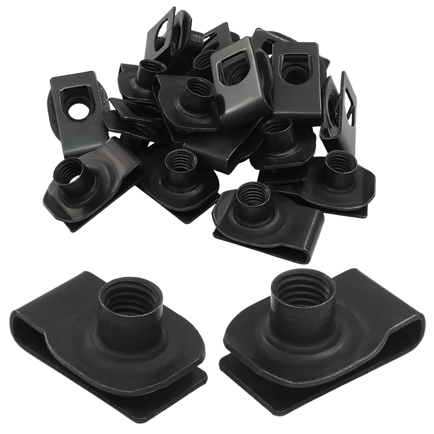 25 Pcs Extruded U Type Nuts, M10 Bumper Fender U Style Clip on Nut Black Fasteners, Spring Nuts for Automotive Metal Fender/Grill Retainer Clips