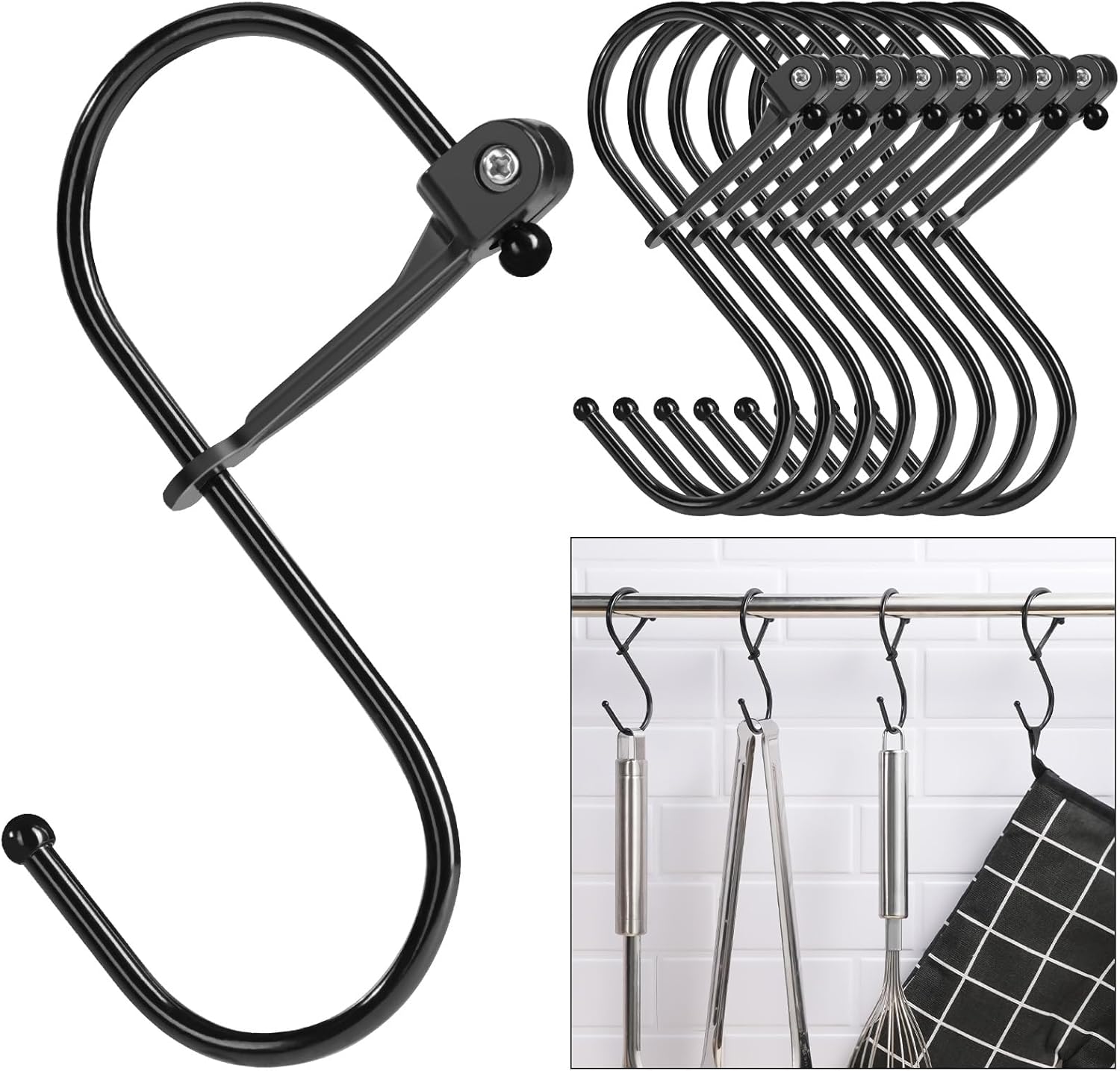 S Hooks, 8pcs 3.5 Inches Metal Safety Buckle S Shaped Hooks for Kitchen, Bathroom, Closet(Black)
