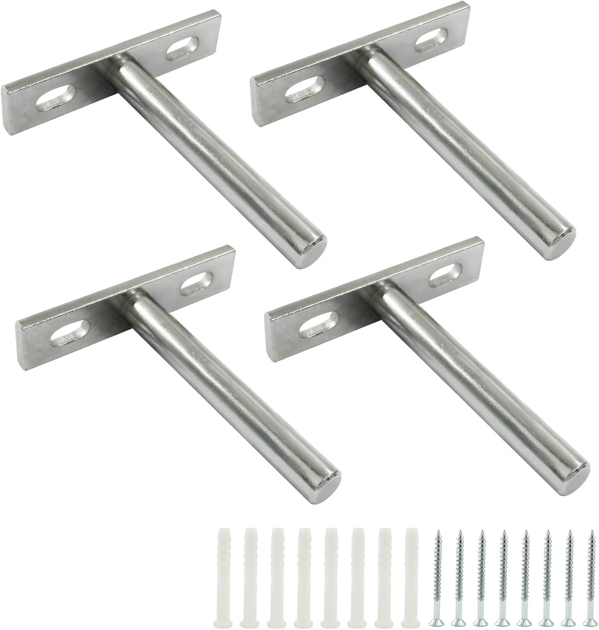 4 Pcs Hidden Floating Shelf Brackets, 3 Inch, Silver, Steel, Wall Mount, Screws and Wall Plugs Included