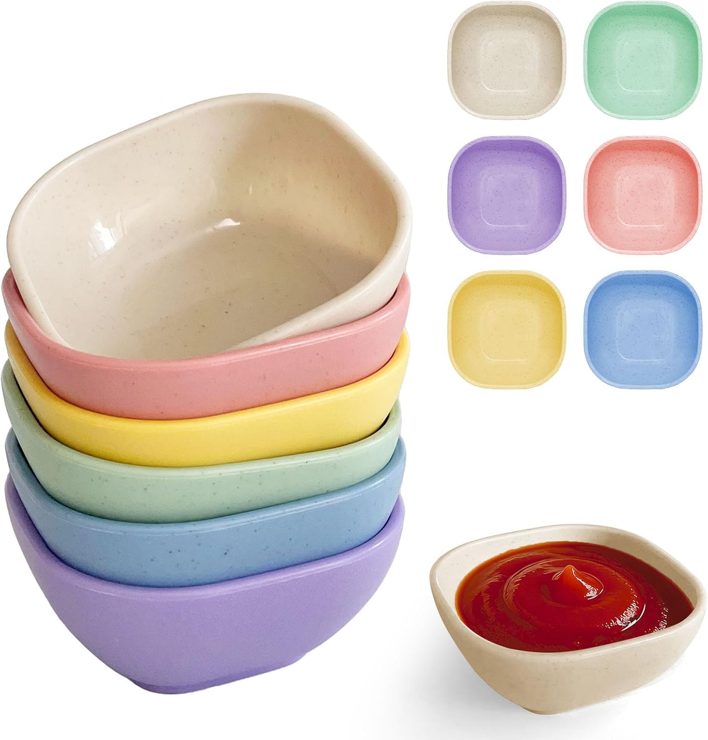 6 Pack Small Plastic Bowls 4.5 OZ Unbreakable Wheat Straw Dipping Bowls，plastic ramekins, Assorted Colors Dipping Sauce Cups, dip cups， Dessert, Ketchup