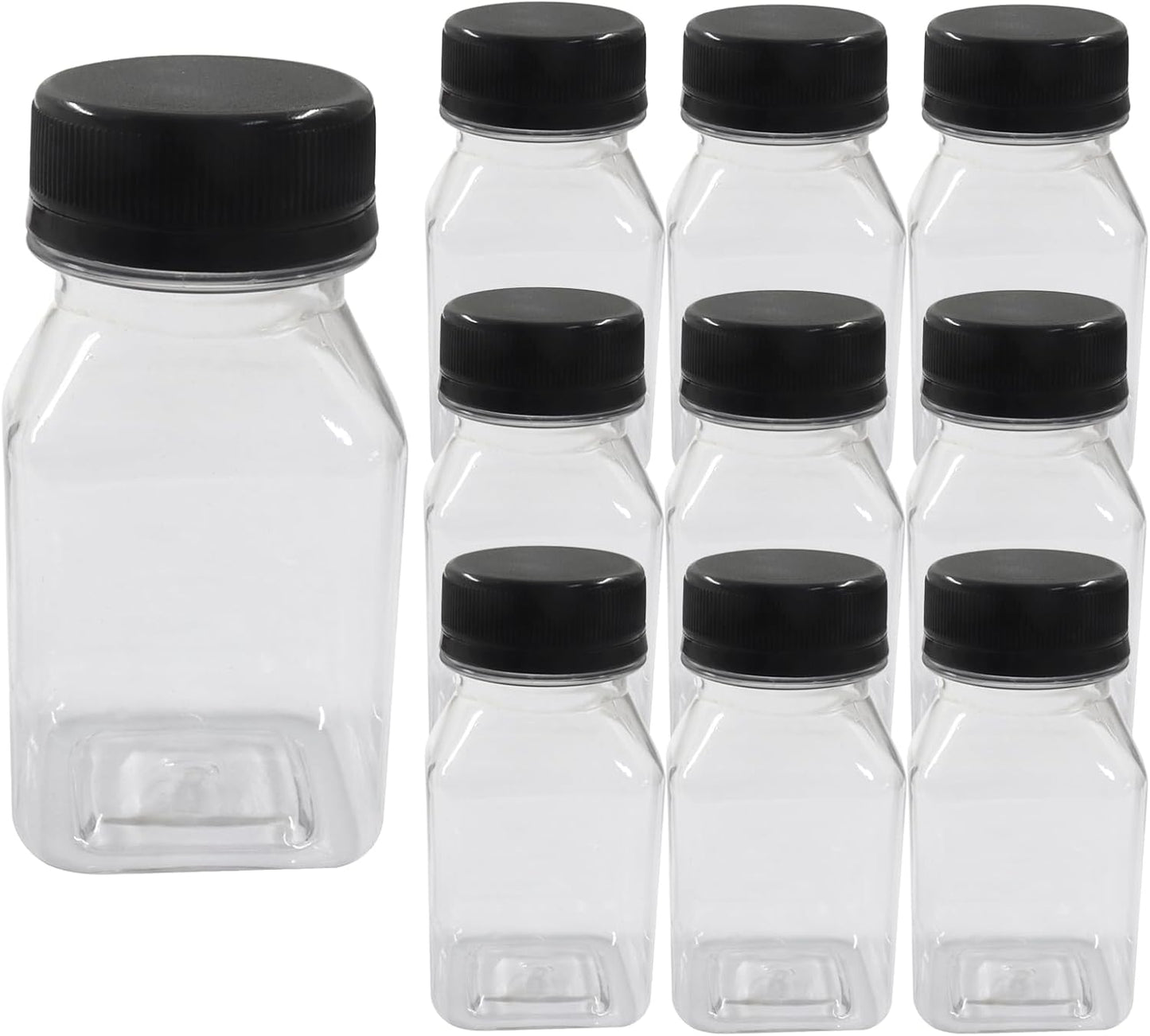 10 Pack 4oz Plastic Juice Bottles, Reusable Beverage Containers Clear with Black Lids, Versatile Drink Containers for Juice, Smoothies, Milk and Homemade Beverages, 120 mL