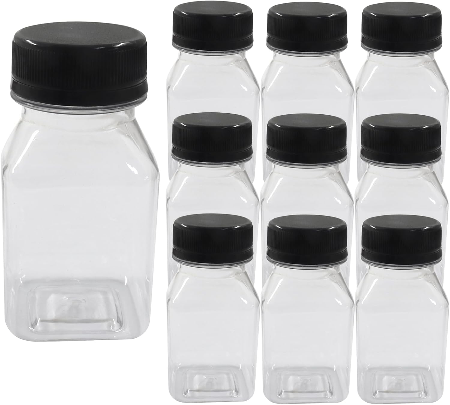 10 Pack 4oz Plastic Juice Bottles, Reusable Beverage Containers Clear with Black Lids, Versatile Drink Containers for Juice, Smoothies, Milk and Homemade Beverages, 120 mL