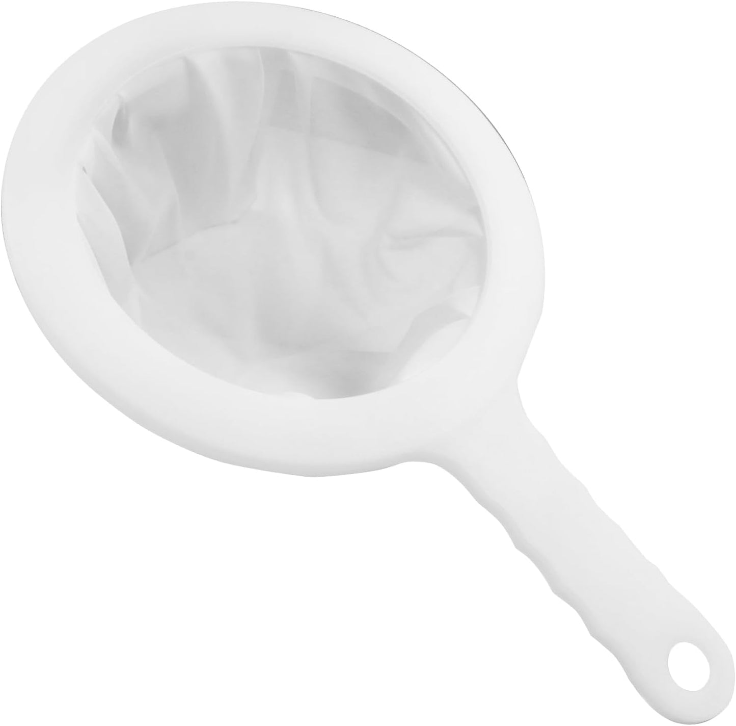 Fine mesh strainer with a white handle and a hanging hole.