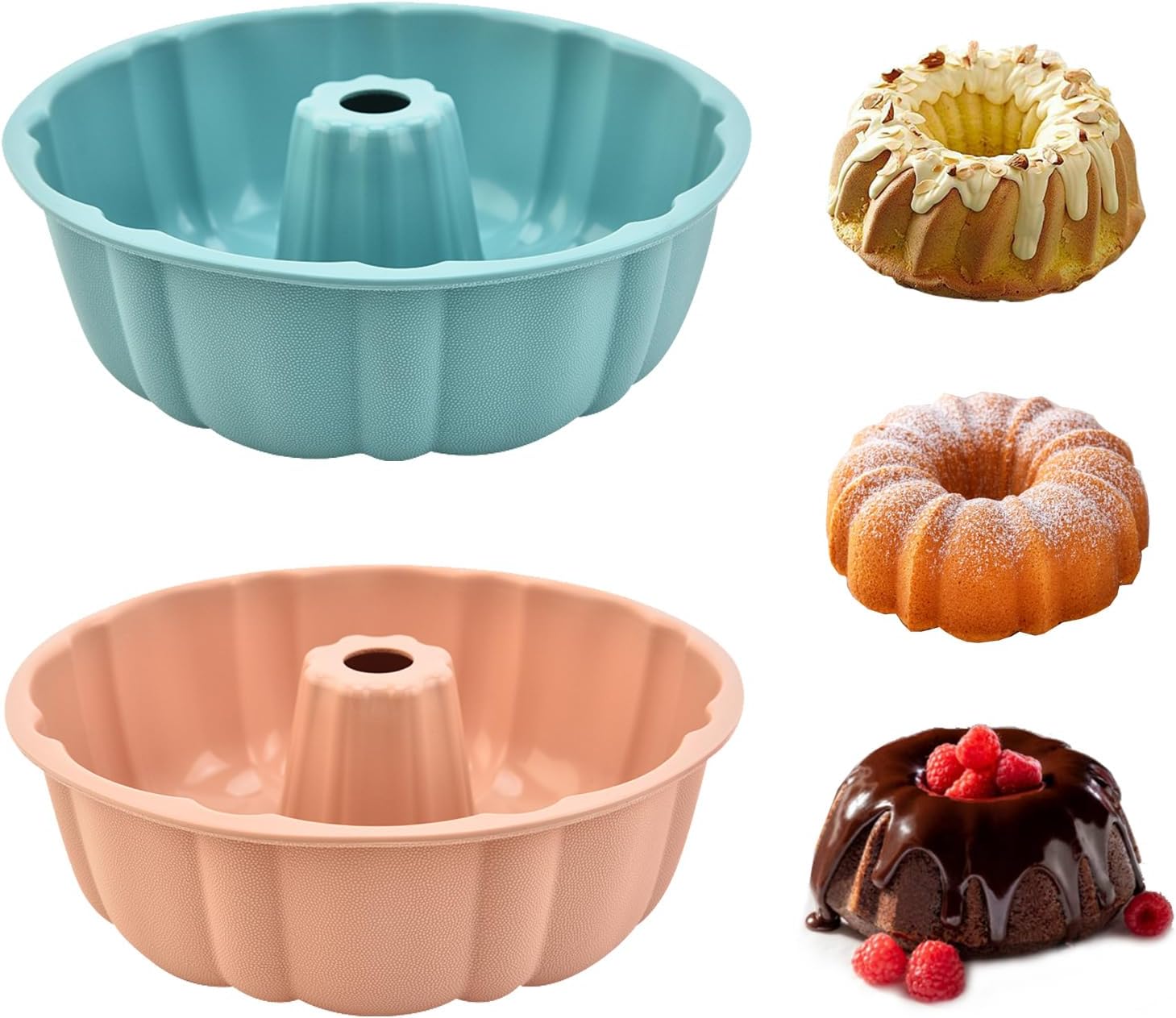 2 Pack Silicone Cake Pan Nonstick,10 Inch, Silicone Cake Molds,Pound Cake Pan, Baking Cake Pan for Jello,Gelatin,Cake,Brownie and Bread（Pink+Blue）