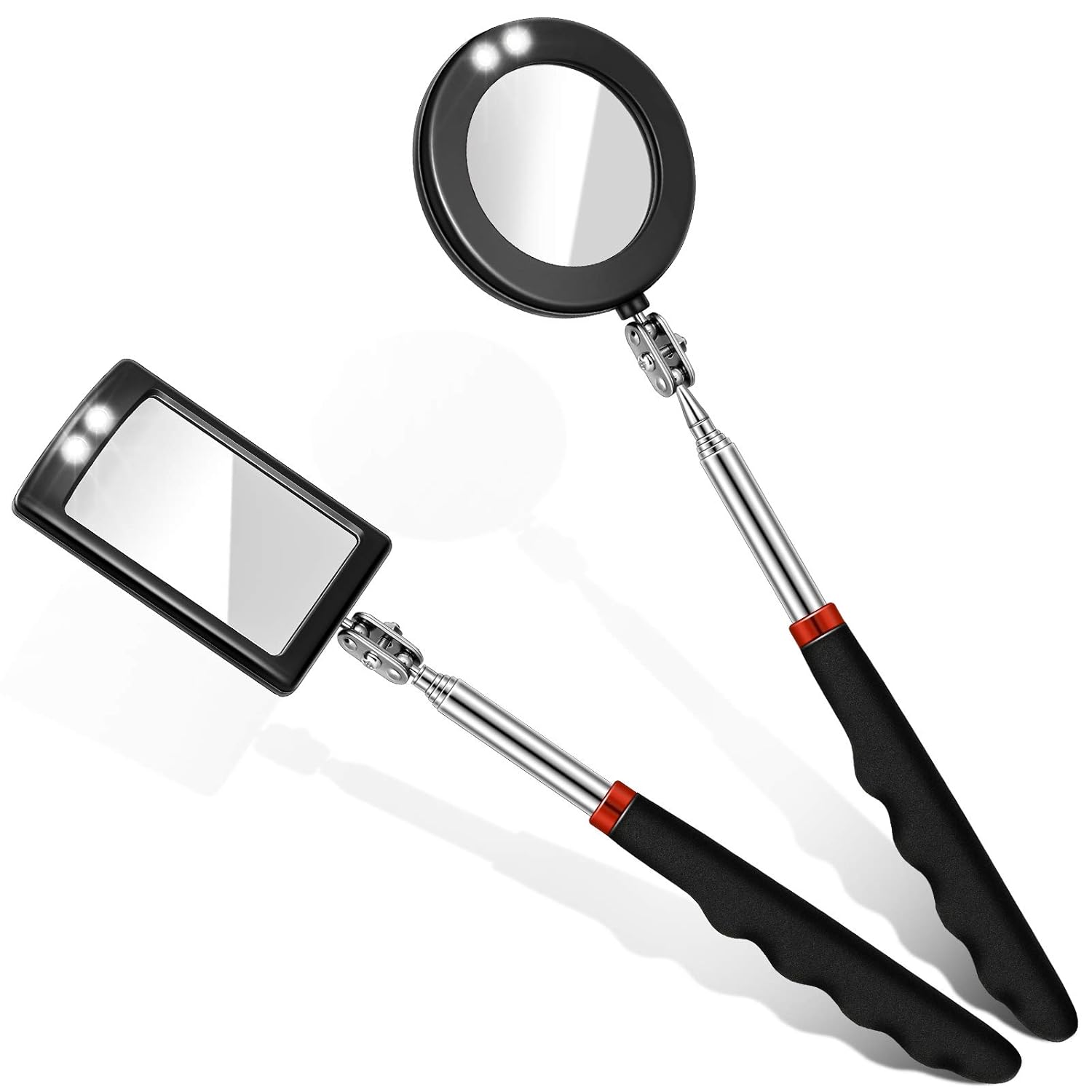 2 Pieces LED Mirror Inspection Telescoping Round Square Mirror Inspection Tool for Check The Condition of Vehicle, Observe The Eyelashes, Mouth and Other Small Parts