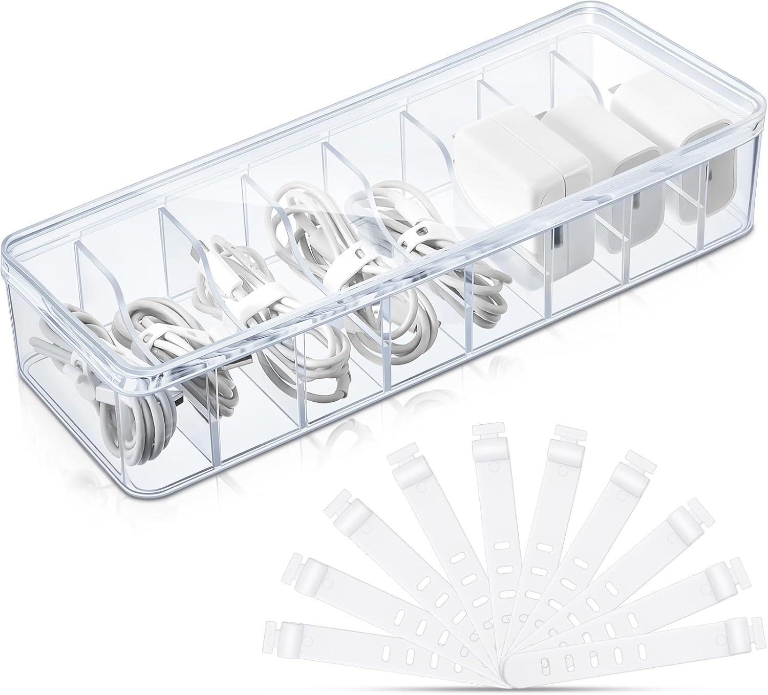 1 Pcs Cable Organizer Box with Wire Ties, Plastic Cord Storage Box with Lid, Electronics Organizer for Home Office Desk Organizers and Accessories (Clear)
